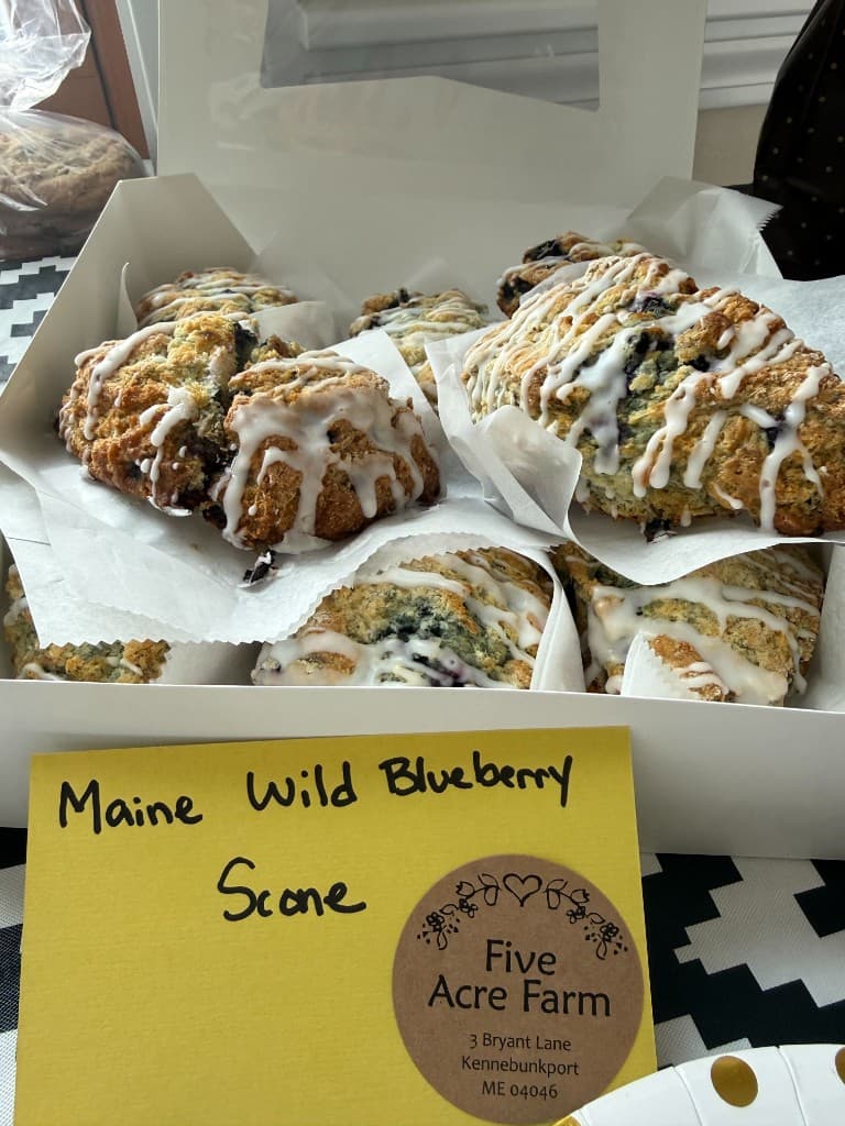 Box of Maine wild blueberry scones from Five Acre Farm at the event