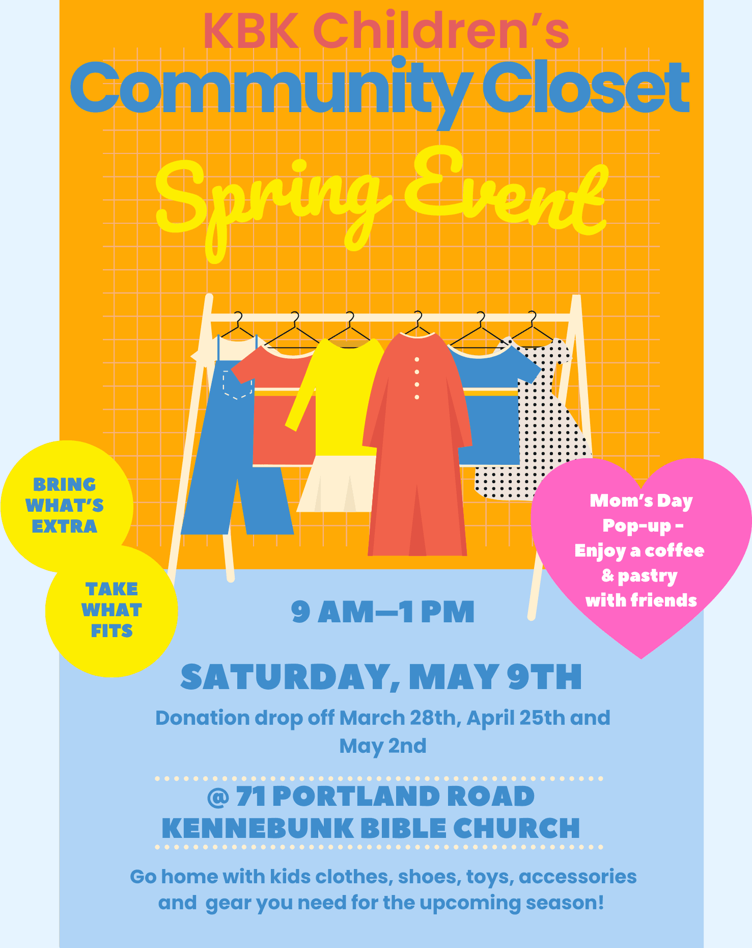 KBC Children's Community Closet promo: Needs your help! In one week we provided clothing for over 40 families. Your $25 donation helps buy bins to keep donated items organized and clean.